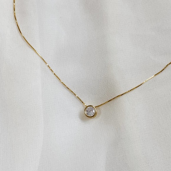 Single Bezel Sterling 925 Gold Dainty Necklace - Picture 10 of 12